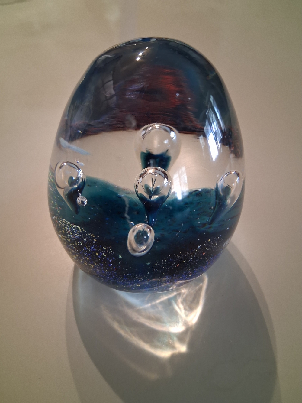 Handblown Glass Paperweight - Teal Blue Decorative Art